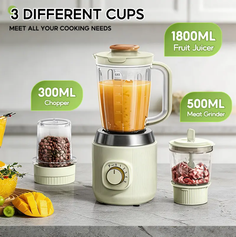 3-in-1 Blender & Food Processor, 600W 25000RPM Juicer, Meat Grinder & Food Chopper with 1800ml, 500ml & 300ml Cups