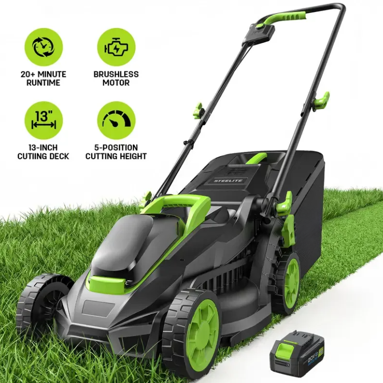 13-Inch Brushless Cordless Lawn Mower, 21V 4.0Ah Battery Powered Electric Push Mower with 5-Position Height Adjustment & 8-Gallon Grass Bag