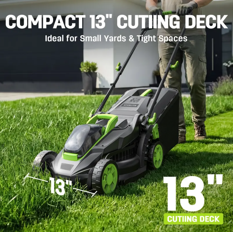 13-Inch Brushless Cordless Lawn Mower, 21V 4.0Ah Battery Powered Electric Push Mower with 5-Position Height Adjustment & 8-Gallon Grass Bag