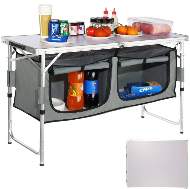 Folding Camping Kitchen Table, Portable Outdoor Cook Station with 3 Adjustable Heights, Storage Compartments & MDF Tabletop for BBQ, RV Trips & Picnics