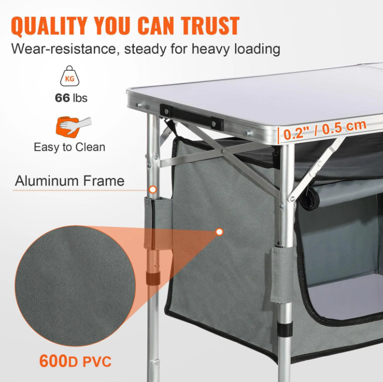 Folding Camping Kitchen Table, Portable Outdoor Cook Station with 3 Adjustable Heights, Storage Compartments & MDF Tabletop for BBQ, RV Trips & Picnics