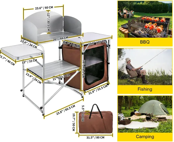 Folding Camping Kitchen Table, Portable Outdoor Cook Station with 3 Adjustable Heights, Storage Compartments & MDF Tabletop for BBQ, RV Trips & Picnics