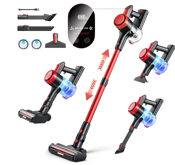 23KPa Cordless Vacuum Cleaner, 300W Powerful Stick Vacuum with 3 Suction Modes, LED Floor Head, Long Runtime & Large Dust Cup for Home Cleaning