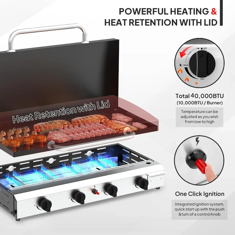 Outdoor Propane Griddle, 2/4 Burner Flat Top Gas Grill, 20,000/40,000 BTU Portable BBQ Griddle with Electronic Ignition for Camping & Tailgating