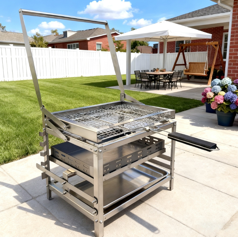 Rotating Charcoal Grill, Adjustable BBQ Grill with Automatic Flip & Precise Heat Control — Easy Outdoor Grilling for Backyard, Camping & Parties