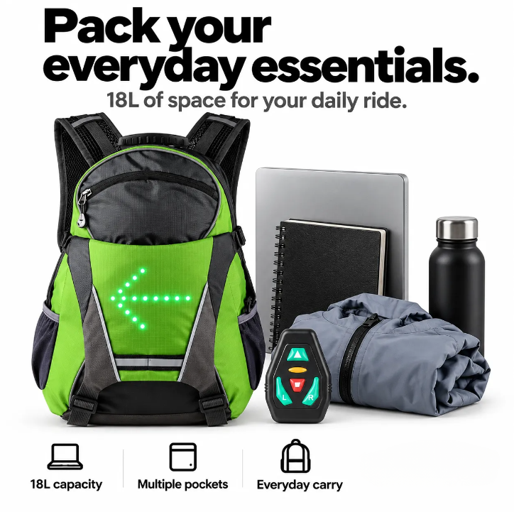 LED Turn Signal Backpack, Smart Cycling Backpack with Wireless Remote Control, USB Rechargeable Safety Light, Reflective Night Riding Bag for Bike Commuting