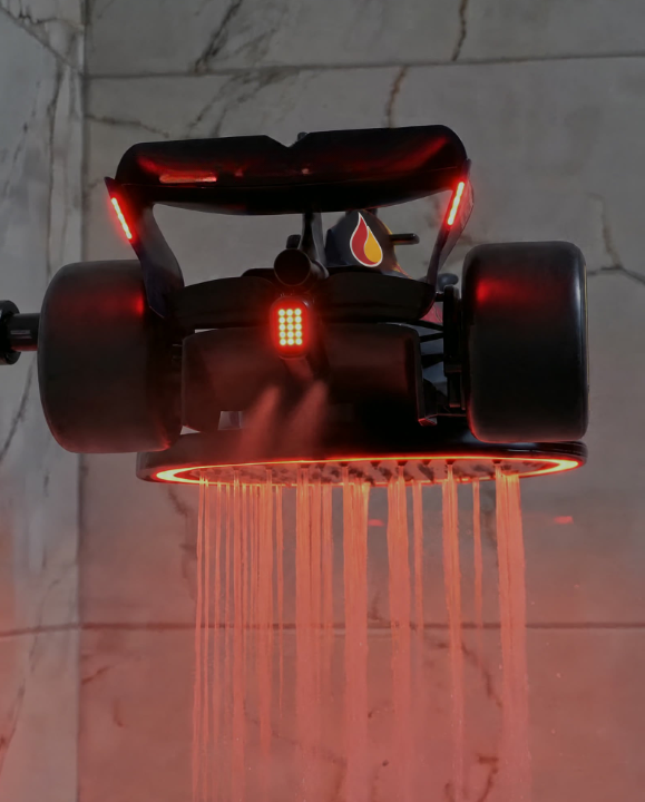 LED Race Car Shower Head, Sports Car Shaped Rainfall Shower Head with Glowing Rear Light & LED Halo, Unique Bathroom Upgrade for Racing Fans