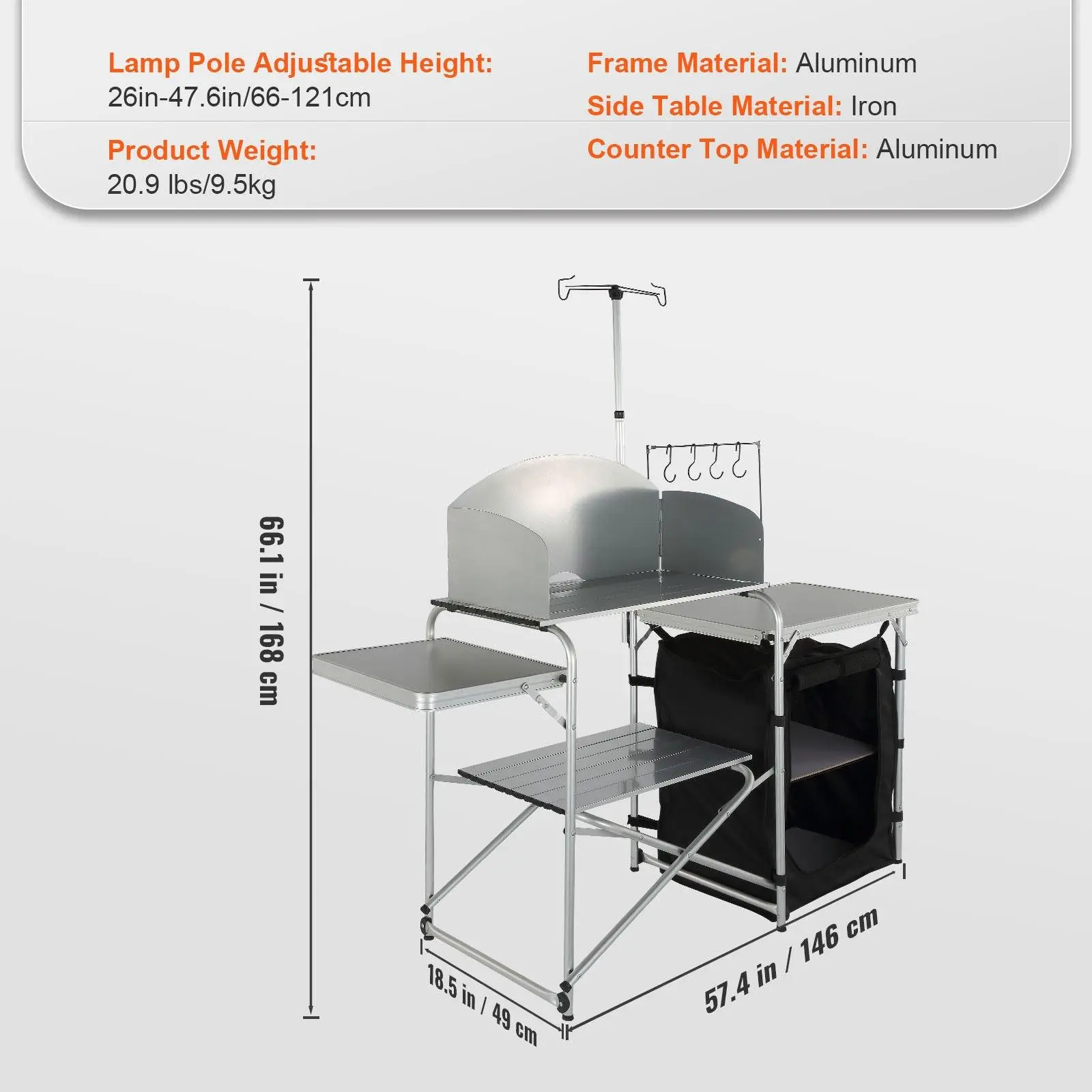 Folding Camping Kitchen Table, Portable Outdoor Cook Station with 3 Adjustable Heights, Storage Compartments & MDF Tabletop for BBQ, RV Trips & Picnics