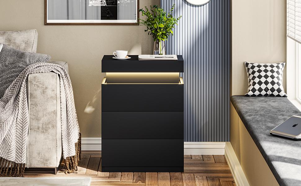 [SummerSale] Sikaic Nightstand with Charging Station and LED Lights, Night Stand with Sliding Top for Bedroom, Bedside Table with Drawers, Modern End Side Table, Home Furniture, Dorm Essentials
