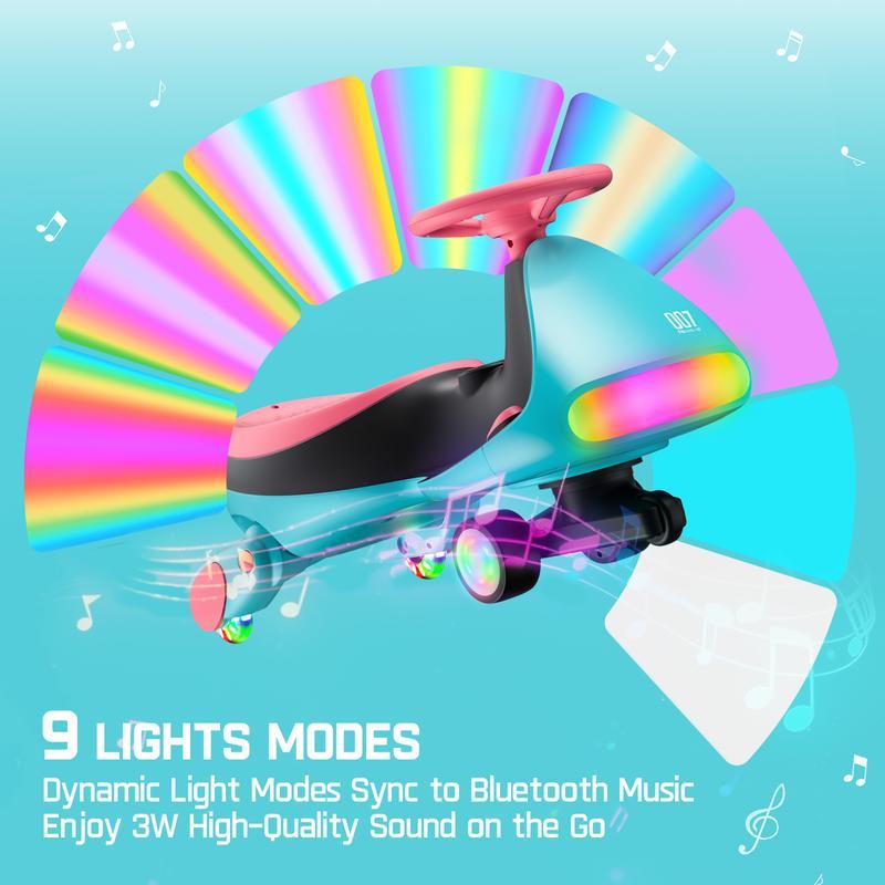 Electric Wiggle Car for Kids, Rechargeable Ride-On Toy with Pedal, 2 Speed Modes, Flashing Light Wheels, Bluetooth Music, Anti-Rollover Design, Swing Car for Ages 3+