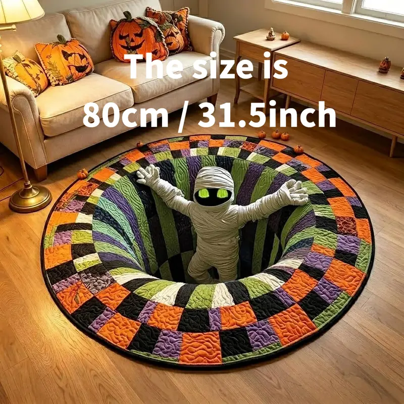Halloween 3D Skeleton Vortex Quilted Illusion Round Rug , Soft Non-Slip Cool Rugs, Living Room Decor, Funky Unique Home Decor, Room Accessory for Indoor Entry & Bathroom, Spooky Depth Pattern