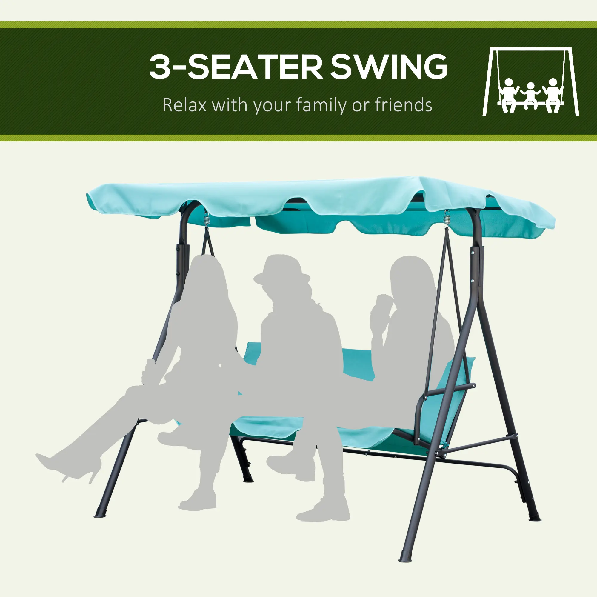 3-Seat Patio Swing Chair with Adjustable Canopy, Outdoor Porch Swing with Removable Cushions for Backyard & Garden