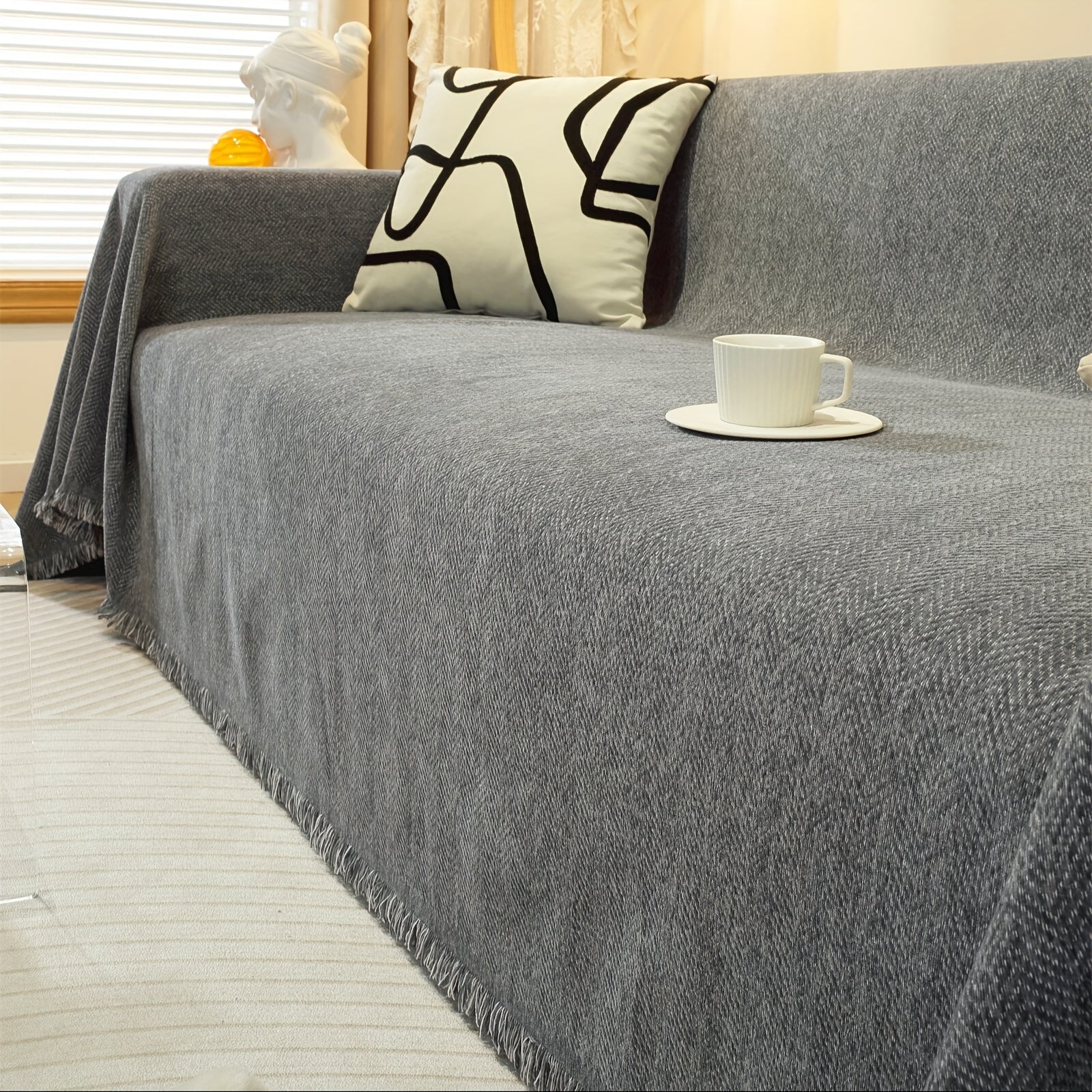 Slate Chenille Tassel Sofa Cover, Soft Textured Couch Protector with Non-Slip Design, Pet-Friendly Furniture Cover for Living Room Sofa, Recliner & Sectional Couch