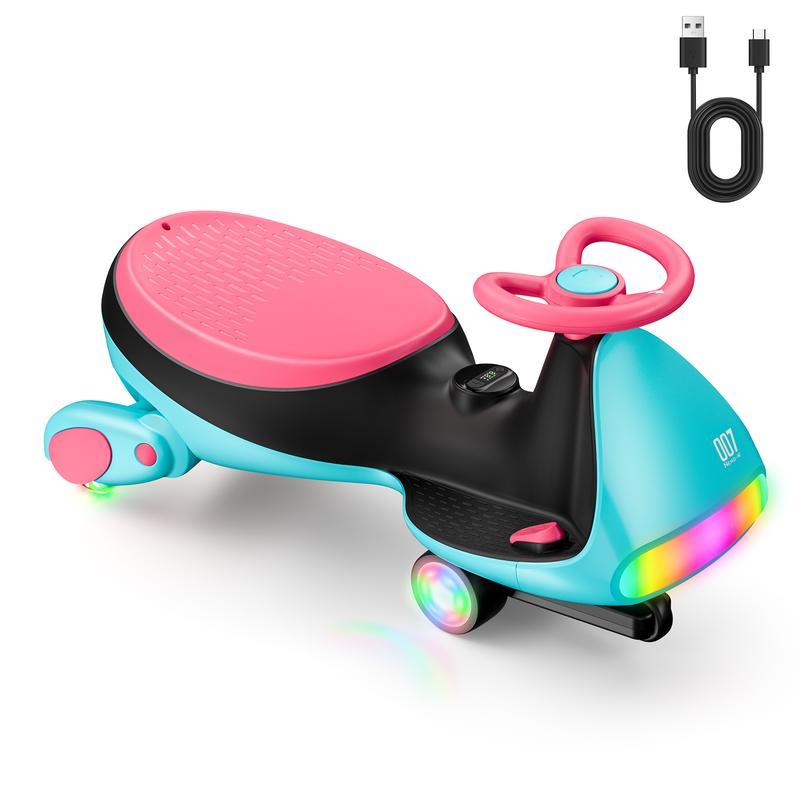 Electric Wiggle Car for Kids, Rechargeable Ride-On Toy with Pedal, 2 Speed Modes, Flashing Light Wheels, Bluetooth Music, Anti-Rollover Design, Swing Car for Ages 3+