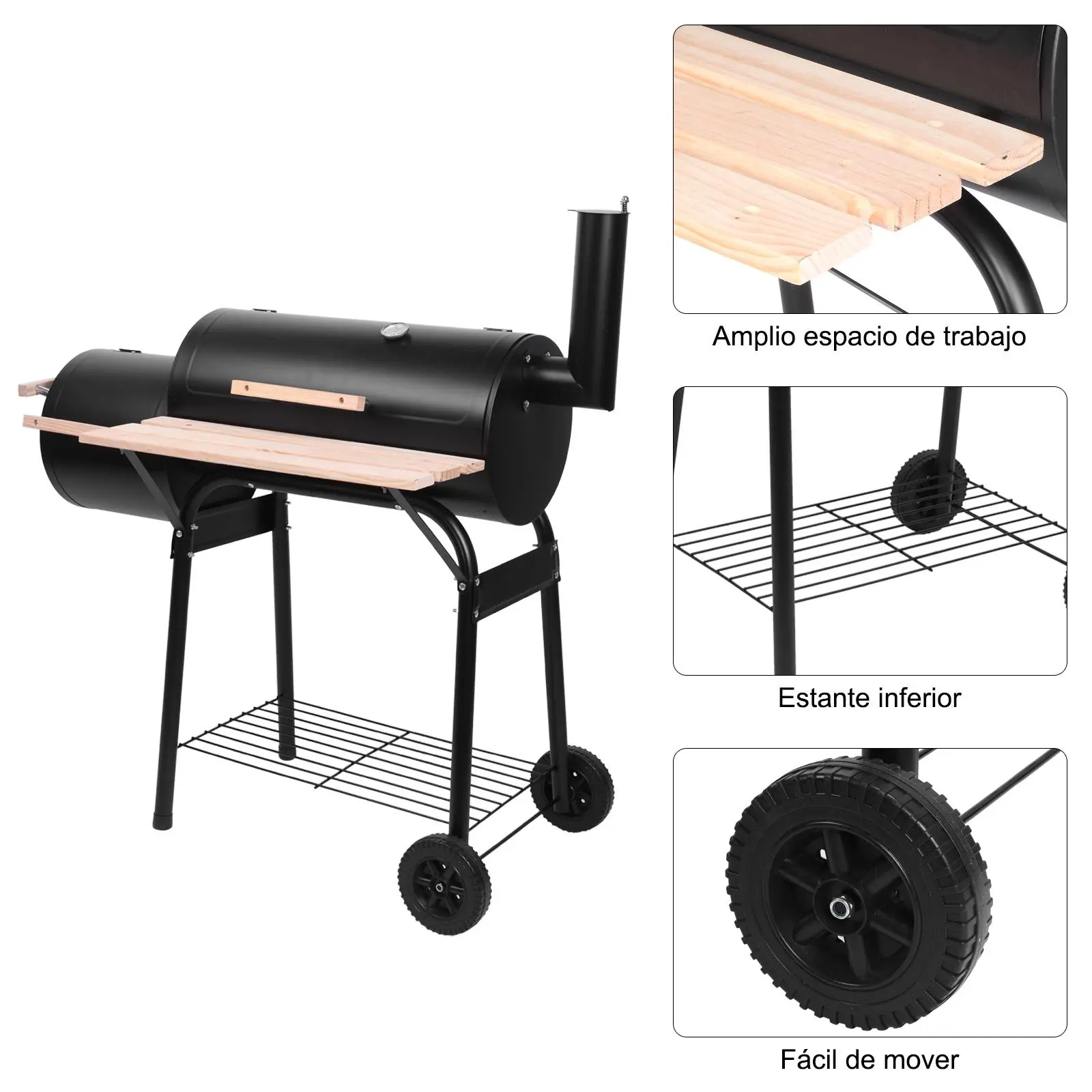 BBQ Charcoal Grill with Offset Smoker, Outdoor Cooker with Wheels & Side Tray, Portable Grill for Backyard, Patio, Camping & Parties