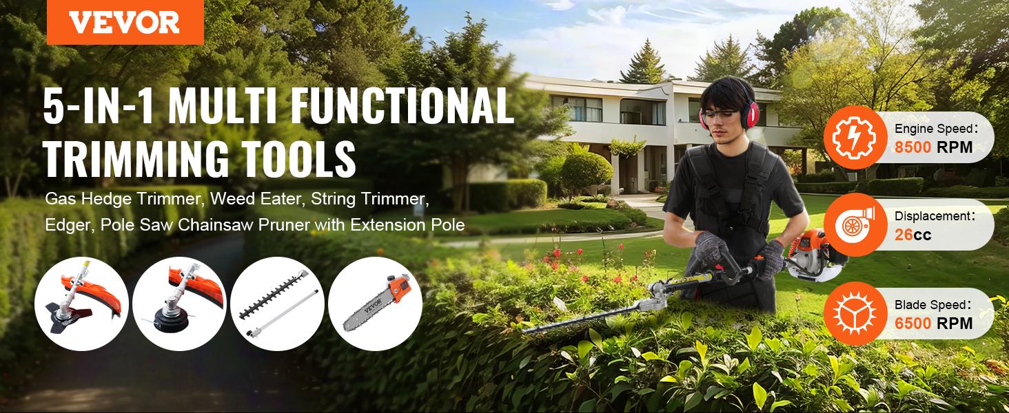 【summerfinds】VEVOR 52CC 6-in-1 Multi-Functional Trimming Tools, Gas Hedge Trimmer, Weed Eater, String Trimmer, Brush Cutter, Edger, Pole Saw Chainsaw Pruner with Extension Pole, Cutting, Grass Trimmer Handle