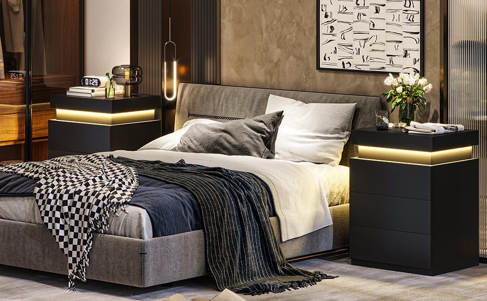 [SummerSale] Sikaic Nightstand with Charging Station and LED Lights, Night Stand with Sliding Top for Bedroom, Bedside Table with Drawers, Modern End Side Table, Home Furniture, Dorm Essentials
