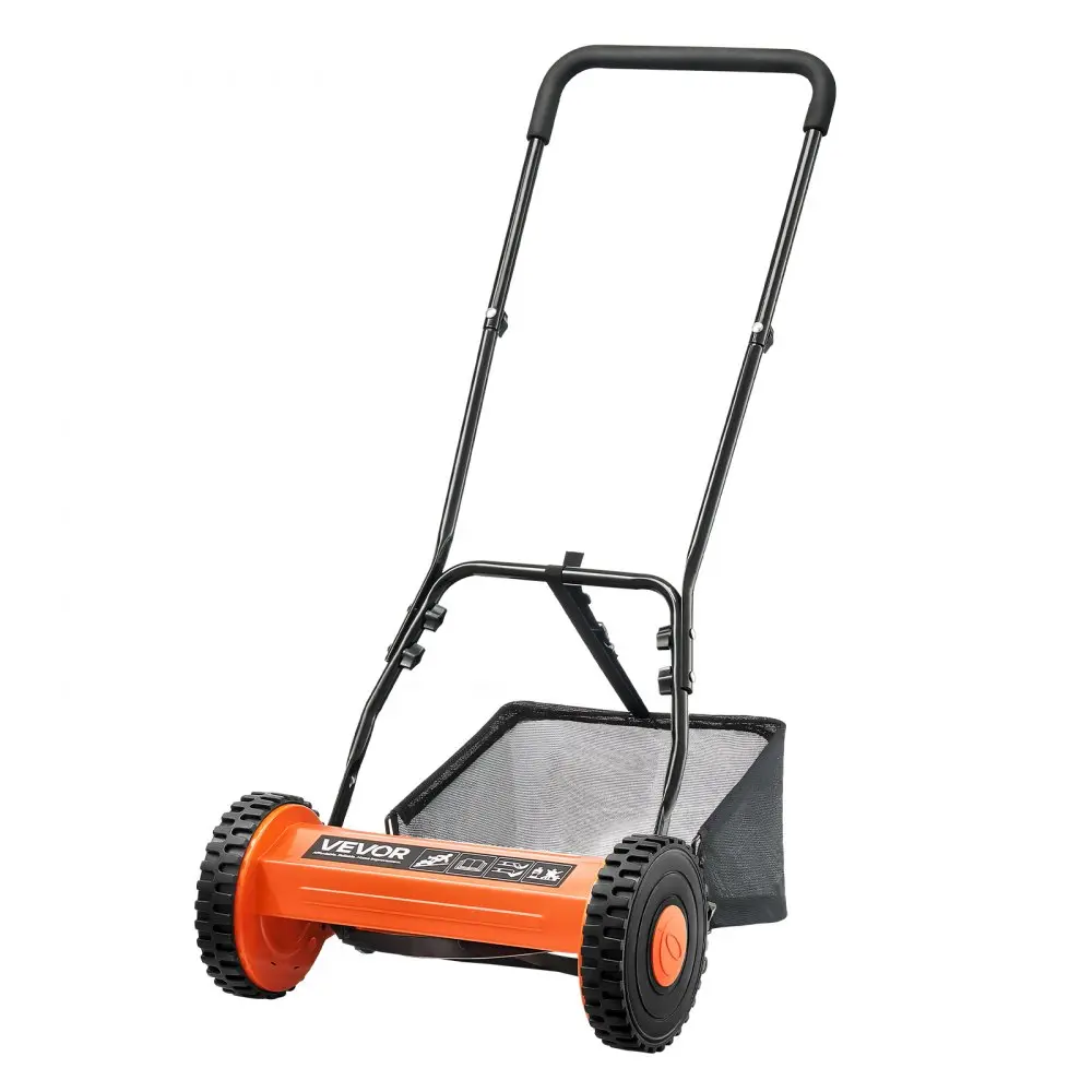 18-Inch Manual Grass Cutter, 5 Steel Lawn Mower Blades, Cushioned U-Handle, Adjustable Height & Grass Catcher Bag - Eco-Friendly Quiet Push Tool for Small Yards, No Gas/Battery Needed