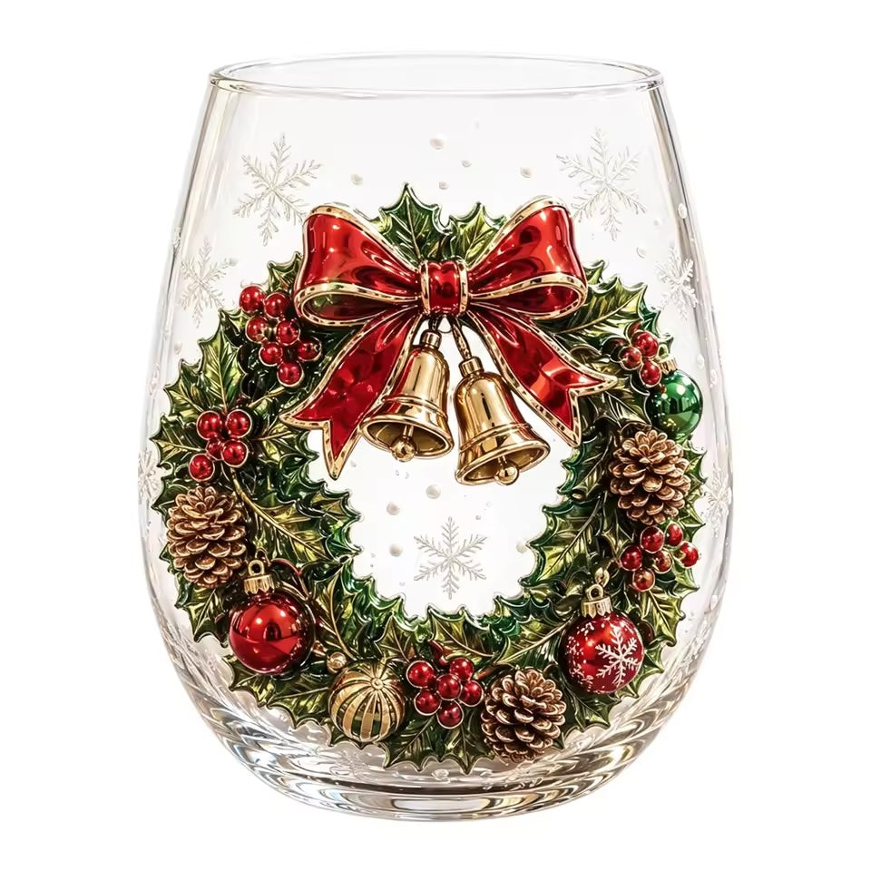 Christmas Glassware Set of 6, 3D Holiday Drinking Glasses with Six Different Festive Designs, Stemless Glass Cups for Christmas Dinner & Holiday Gatherings