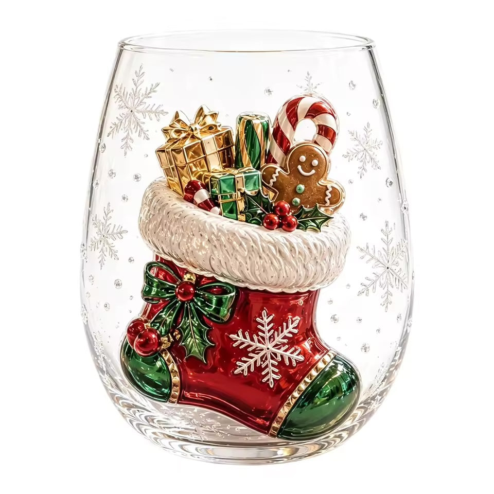 Christmas Glassware Set of 6, 3D Holiday Drinking Glasses with Six Different Festive Designs, Stemless Glass Cups for Christmas Dinner & Holiday Gatherings
