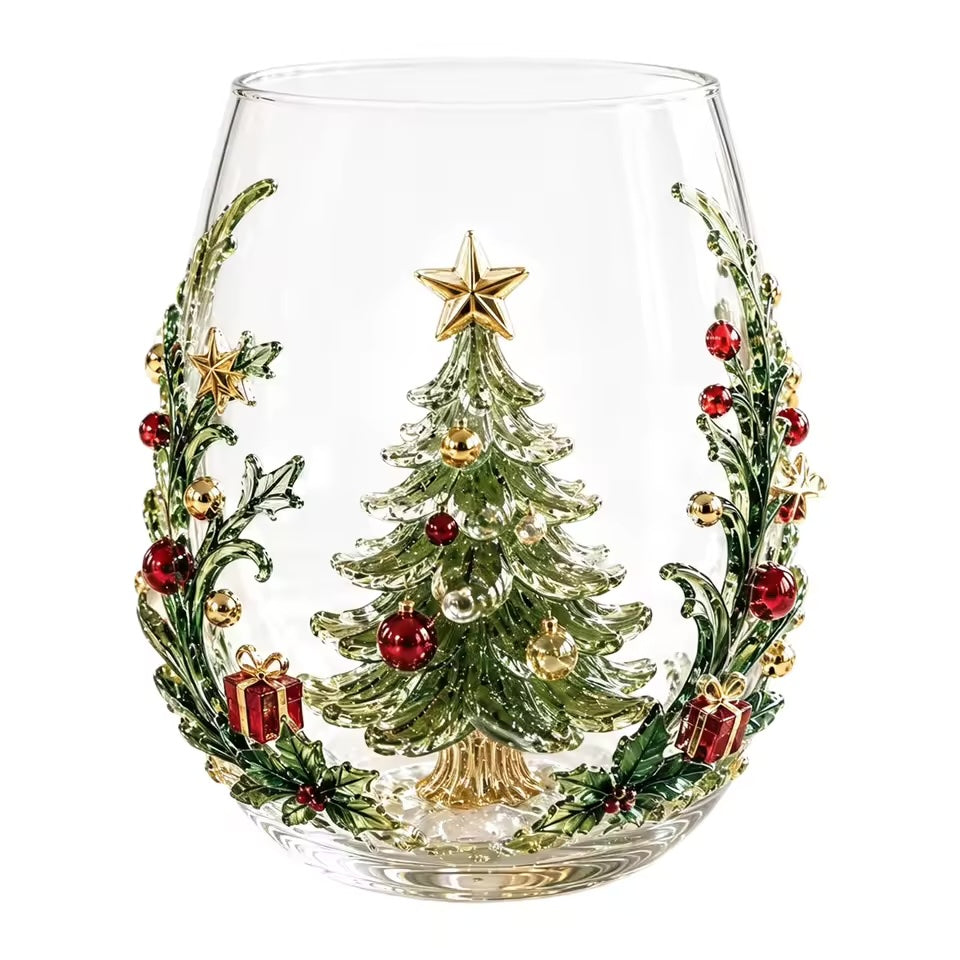 Christmas Glassware Set of 6, 3D Holiday Drinking Glasses with Six Different Festive Designs, Stemless Glass Cups for Christmas Dinner & Holiday Gatherings