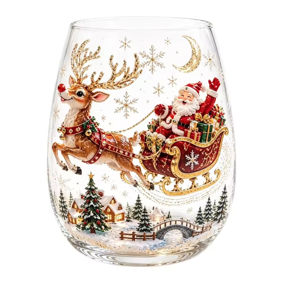 Christmas Glassware Set of 6, 3D Holiday Drinking Glasses with Six Different Festive Designs, Stemless Glass Cups for Christmas Dinner & Holiday Gatherings