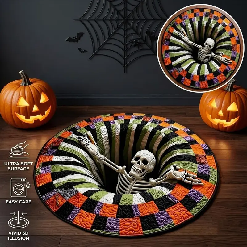 Halloween 3D Skeleton Vortex Quilted Illusion Round Rug , Soft Non-Slip Cool Rugs, Living Room Decor, Funky Unique Home Decor, Room Accessory for Indoor Entry & Bathroom, Spooky Depth Pattern