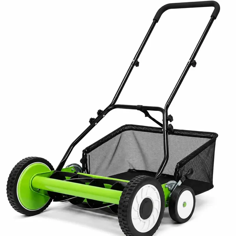 18-Inch Manual Grass Cutter, 5 Steel Lawn Mower Blades, Cushioned U-Handle, Adjustable Height & Grass Catcher Bag - Eco-Friendly Quiet Push Tool for Small Yards, No Gas/Battery Needed
