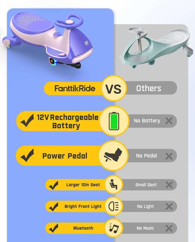 Electric Wiggle Car for Kids, Rechargeable Ride-On Toy with Pedal, 2 Speed Modes, Flashing Light Wheels, Bluetooth Music, Anti-Rollover Design, Swing Car for Ages 3+