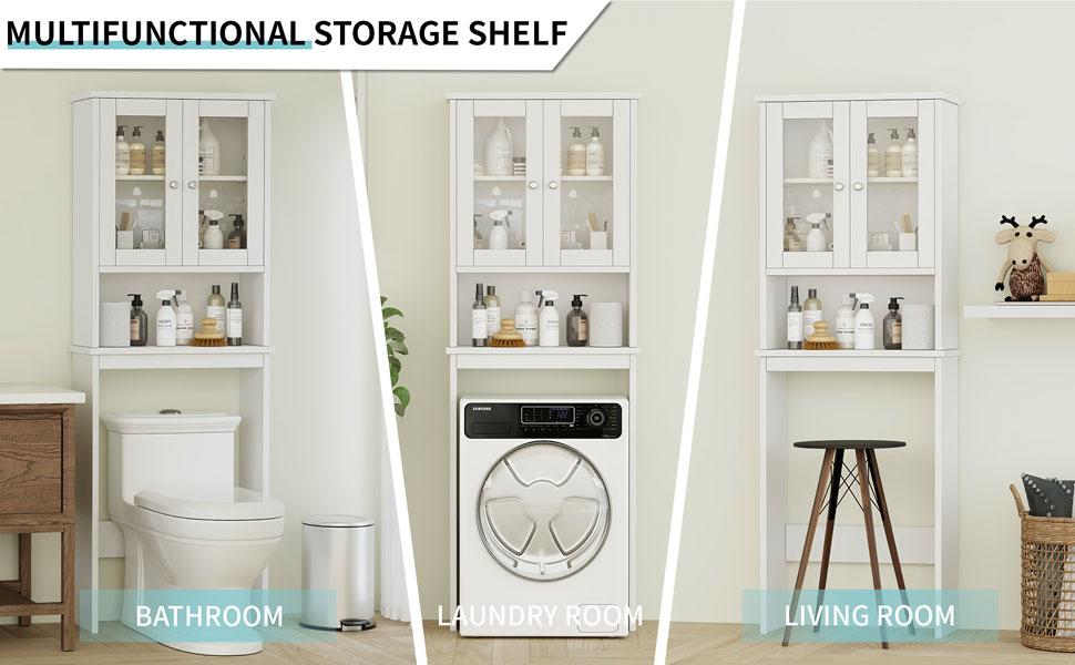 Walsunny Over Toilet Storage Cabinet, Bathroom Shelf Organizer Over Toilet, Washing Machine Box, Space Saver with Adjustable Decorative Racks, White