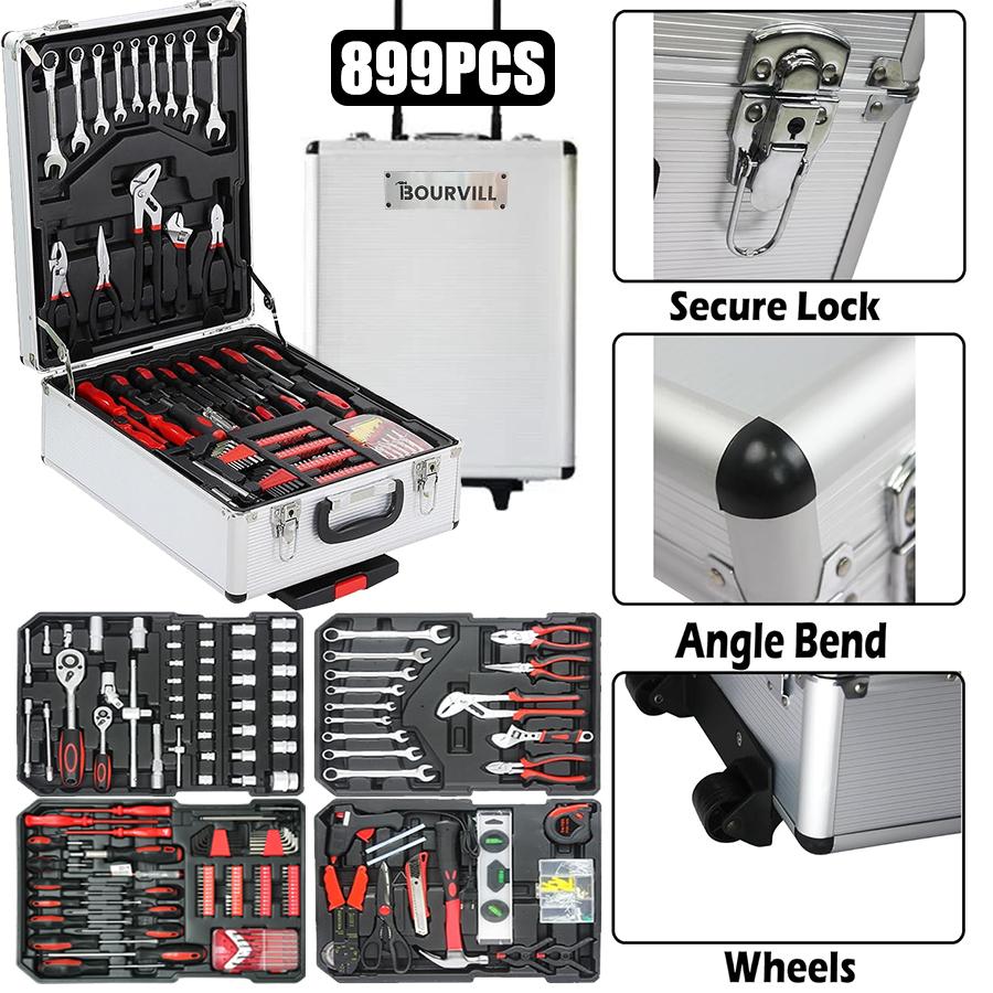 【DealsForYouDays】Bourvill 899PCS Tool Set,Aluminum Rolling Tool Chest with 4 Drawers,Complete Mechanic & Home Repair Kit,Father&rsquo;s Day Gift for Dad  Home Toolbox Kit Hand Tools #summerfinds