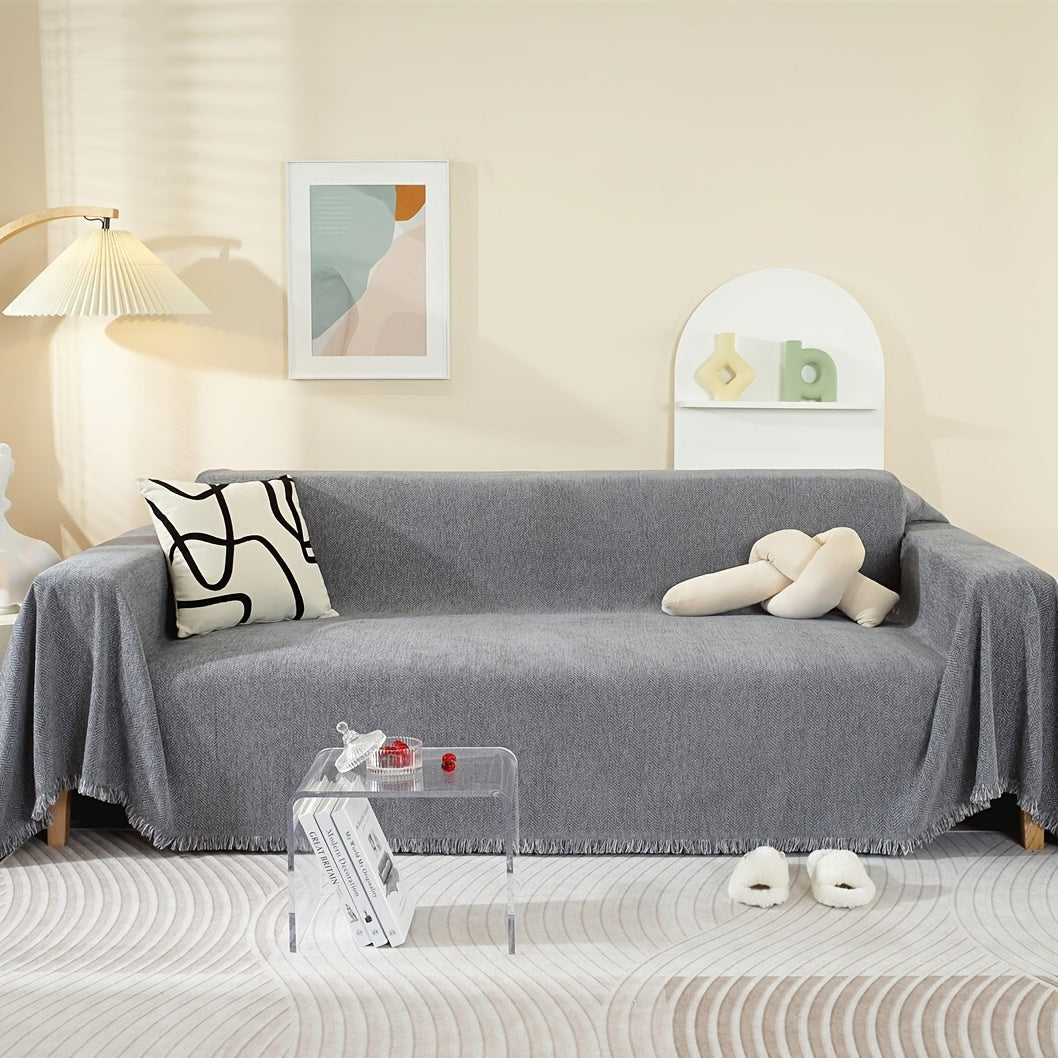 Slate Chenille Tassel Sofa Cover, Soft Textured Couch Protector with Non-Slip Design, Pet-Friendly Furniture Cover for Living Room Sofa, Recliner & Sectional Couch