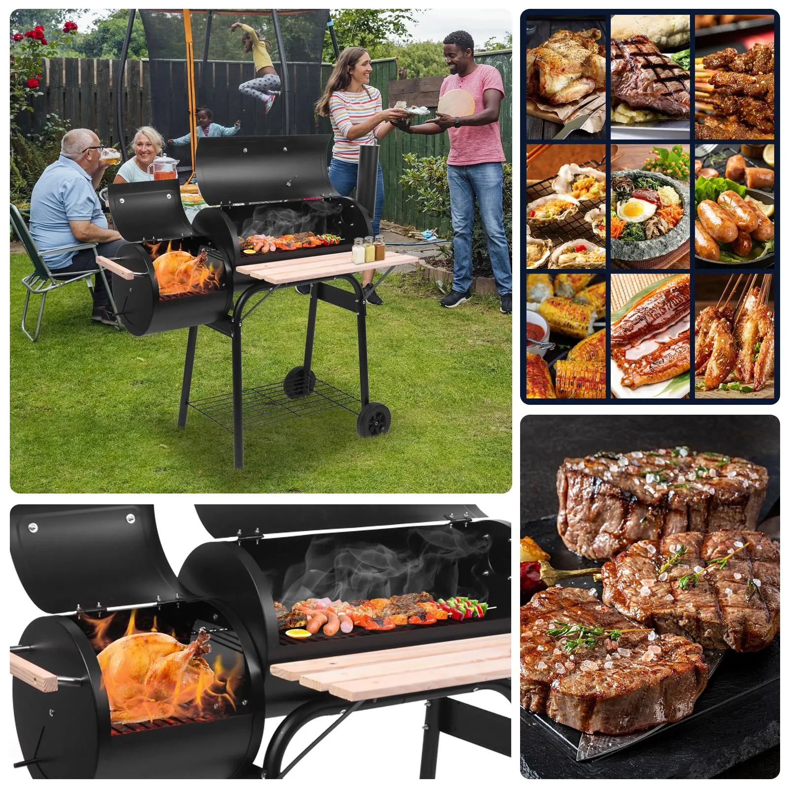 BBQ Charcoal Grill with Offset Smoker, Outdoor Cooker with Wheels & Side Tray, Portable Grill for Backyard, Patio, Camping & Parties