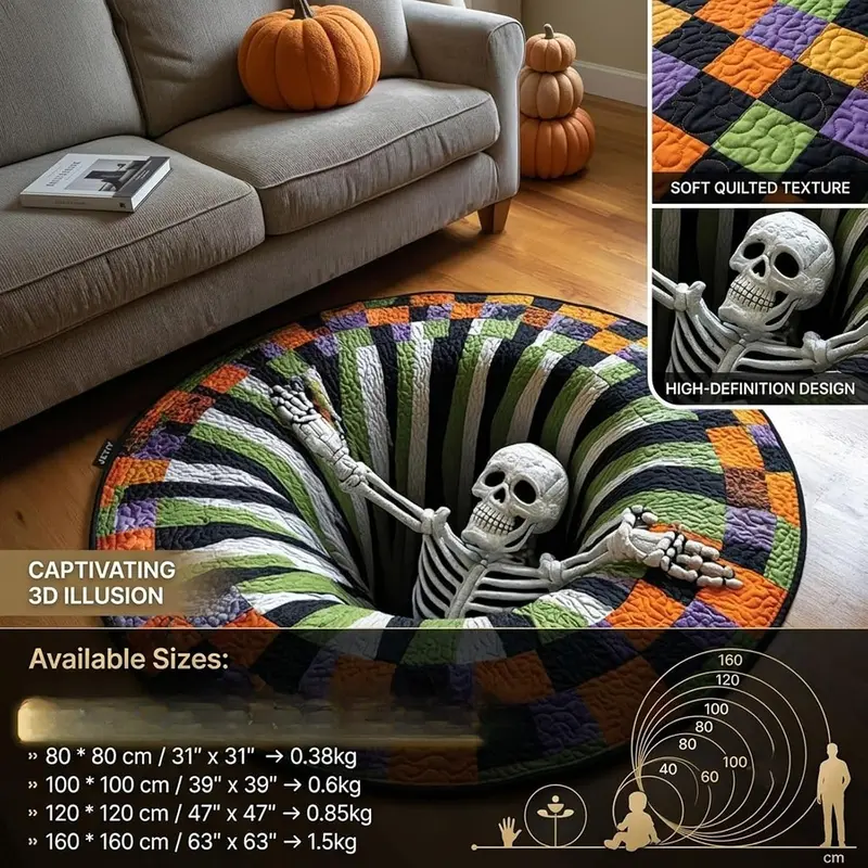 Halloween 3D Skeleton Vortex Quilted Illusion Round Rug , Soft Non-Slip Cool Rugs, Living Room Decor, Funky Unique Home Decor, Room Accessory for Indoor Entry & Bathroom, Spooky Depth Pattern