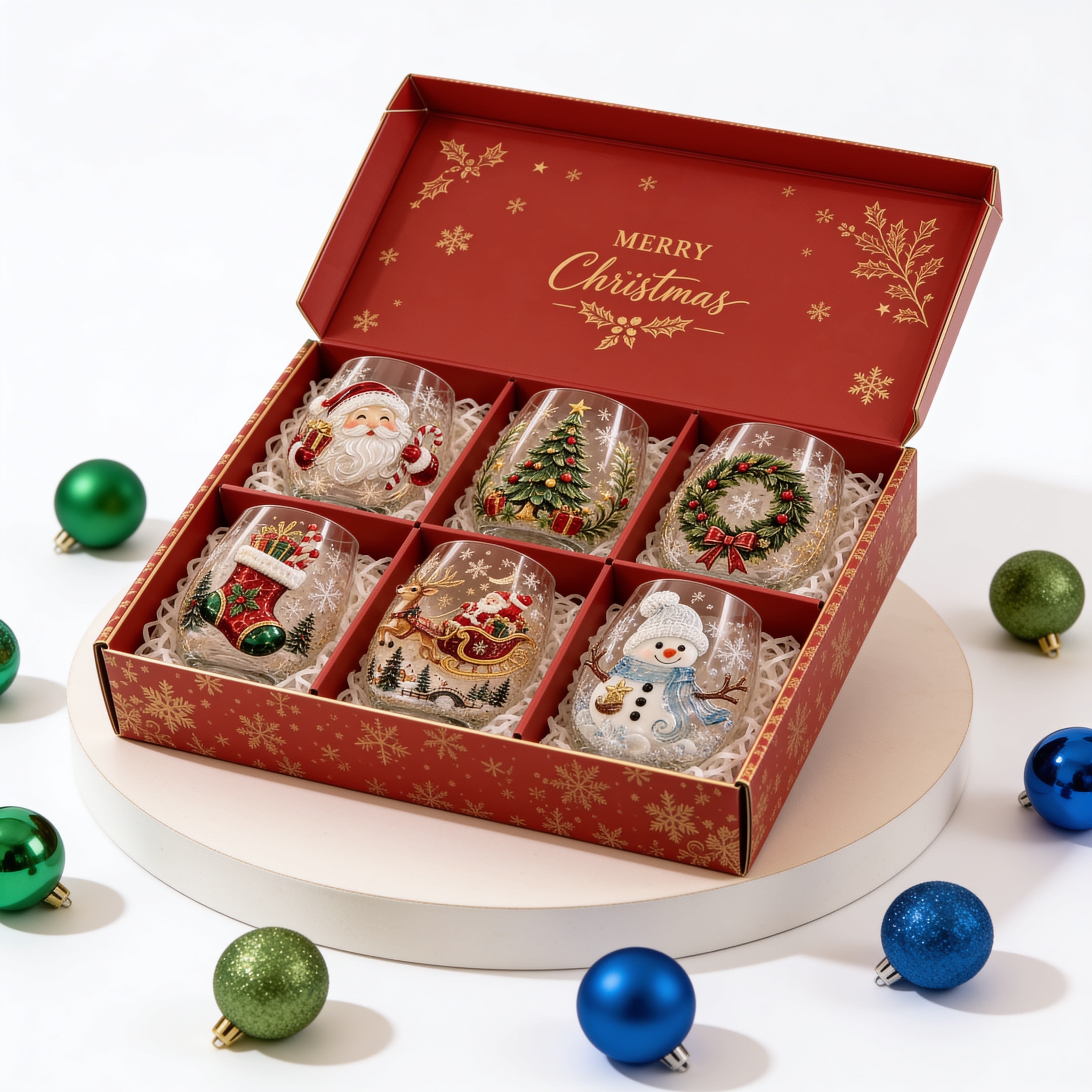 Christmas Glassware Set of 6, 3D Holiday Drinking Glasses with Six Different Festive Designs, Stemless Glass Cups for Christmas Dinner & Holiday Gatherings