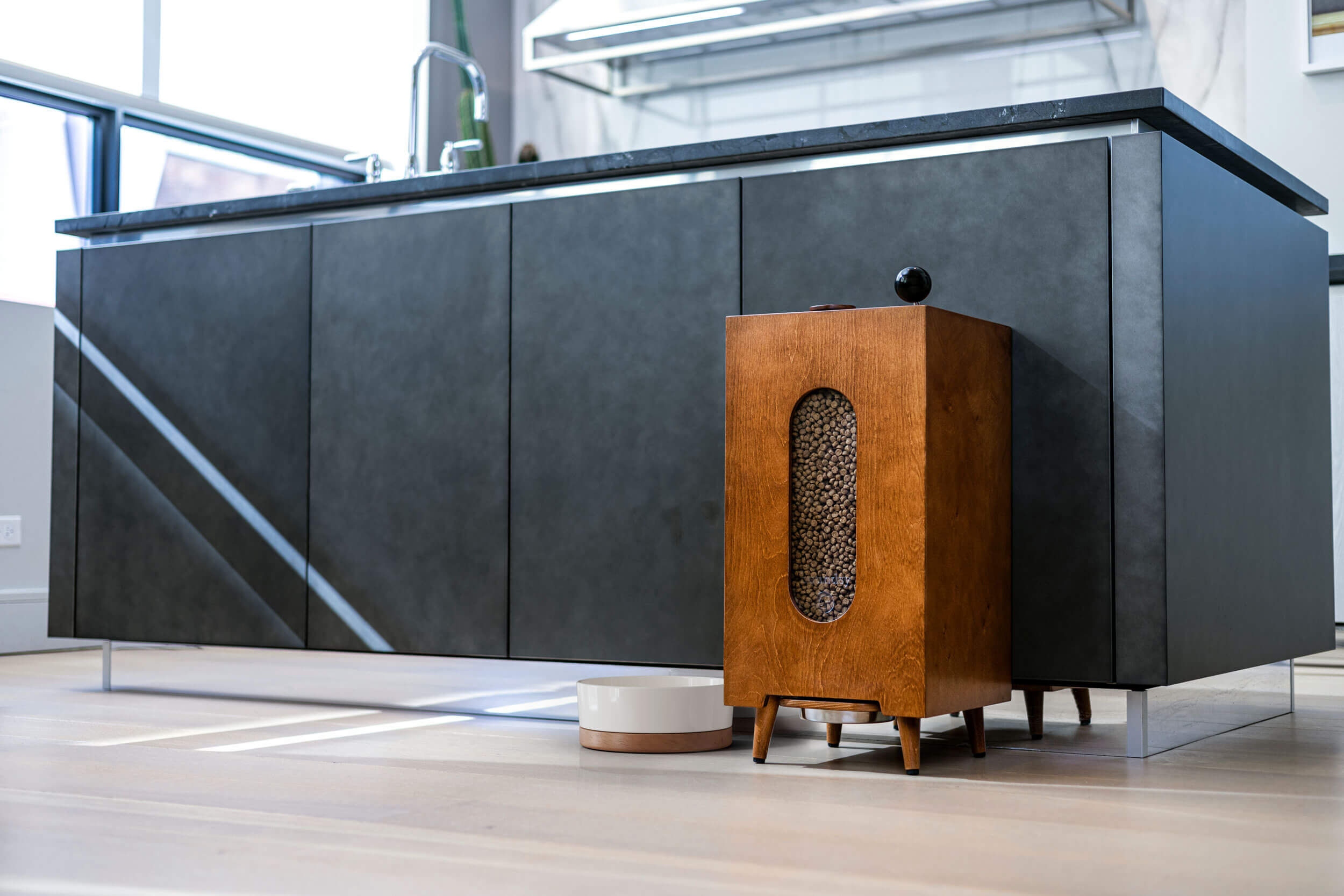 Aesthetic Dog Food Dispenser, Modern Automatic Kibble Feeder with Hidden Storage, Stylish Pet Station for Clean Home Spaces