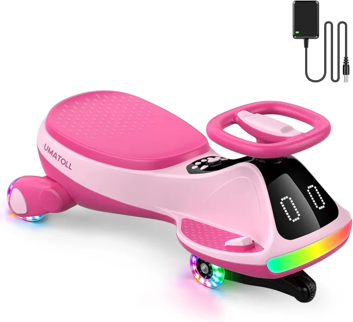 12V Electric Wiggle Car for Kids, Rechargeable Ride-On Toy with Pedal, LED Lights, Bluetooth Music, Light-Up Wheels, Interactive Display, 2 Speed Modes, Anti-Rollover Design, Birthday Gift for Ages 3+