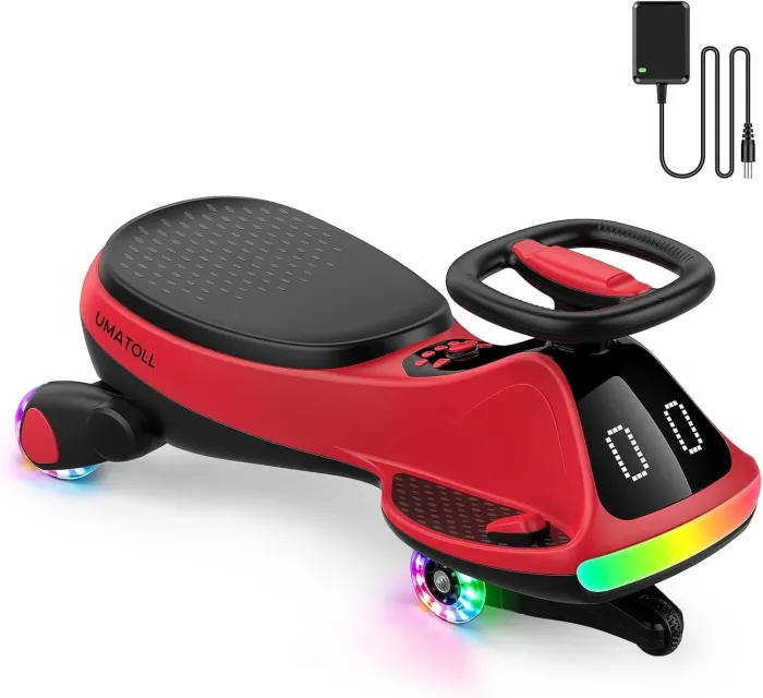 12V Electric Wiggle Car for Kids, Rechargeable Ride-On Toy with Pedal, LED Lights, Bluetooth Music, Light-Up Wheels, Interactive Display, 2 Speed Modes, Anti-Rollover Design, Birthday Gift for Ages 3+