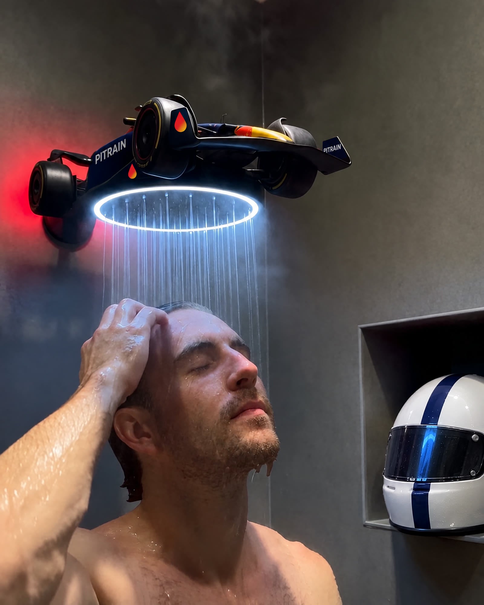LED Race Car Shower Head, Sports Car Shaped Rainfall Shower Head with Glowing Rear Light & LED Halo, Unique Bathroom Upgrade for Racing Fans