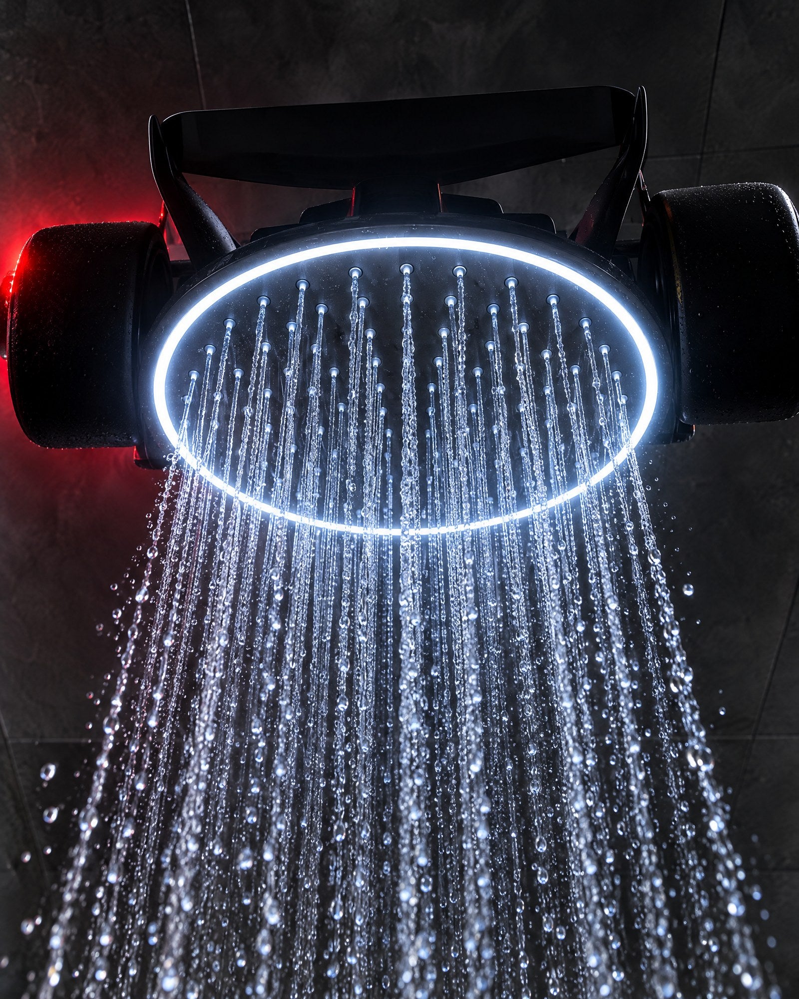 LED Race Car Shower Head, Sports Car Shaped Rainfall Shower Head with Glowing Rear Light & LED Halo, Unique Bathroom Upgrade for Racing Fans