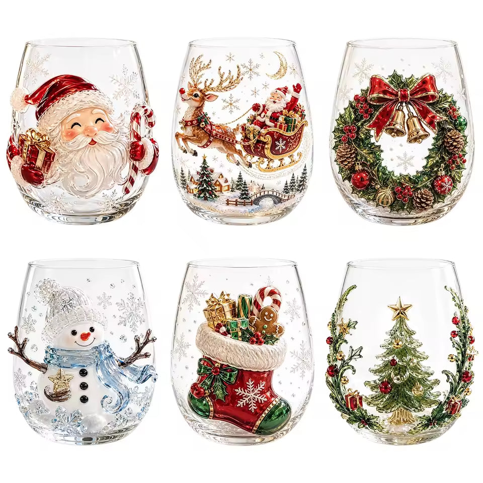 Christmas Glassware Set of 6, 3D Holiday Drinking Glasses with Six Different Festive Designs, Stemless Glass Cups for Christmas Dinner & Holiday Gatherings