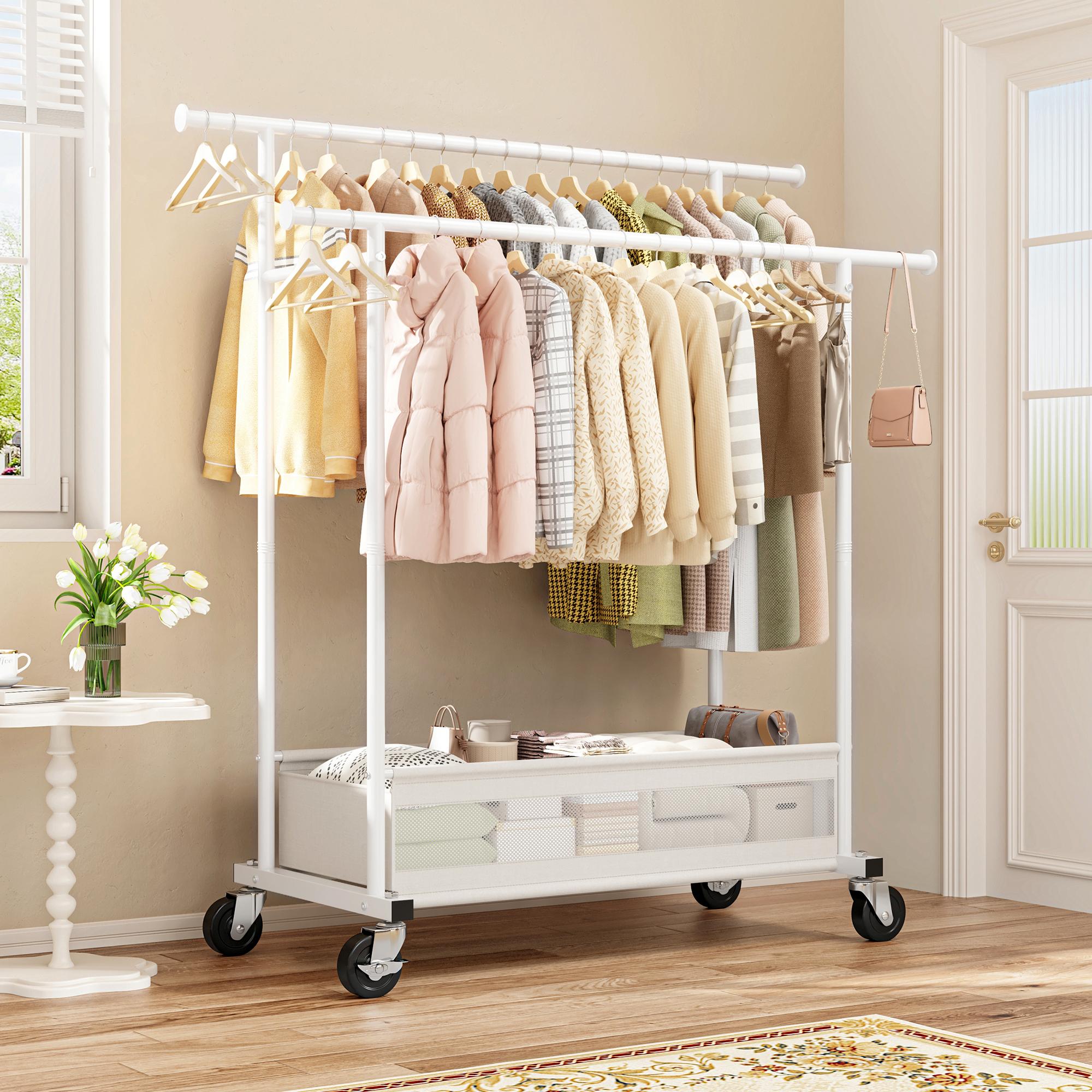 Raybee Heavy Duty Clothing Racks with Net Pocket Holds Up to 210lbs,Double Rod Metal Clothes Rack for Hanging, Rolling Garment Rack with Wheels Portable Closet Racks for Bedroom, Laundry Room,Dorm, Black, White, Gold