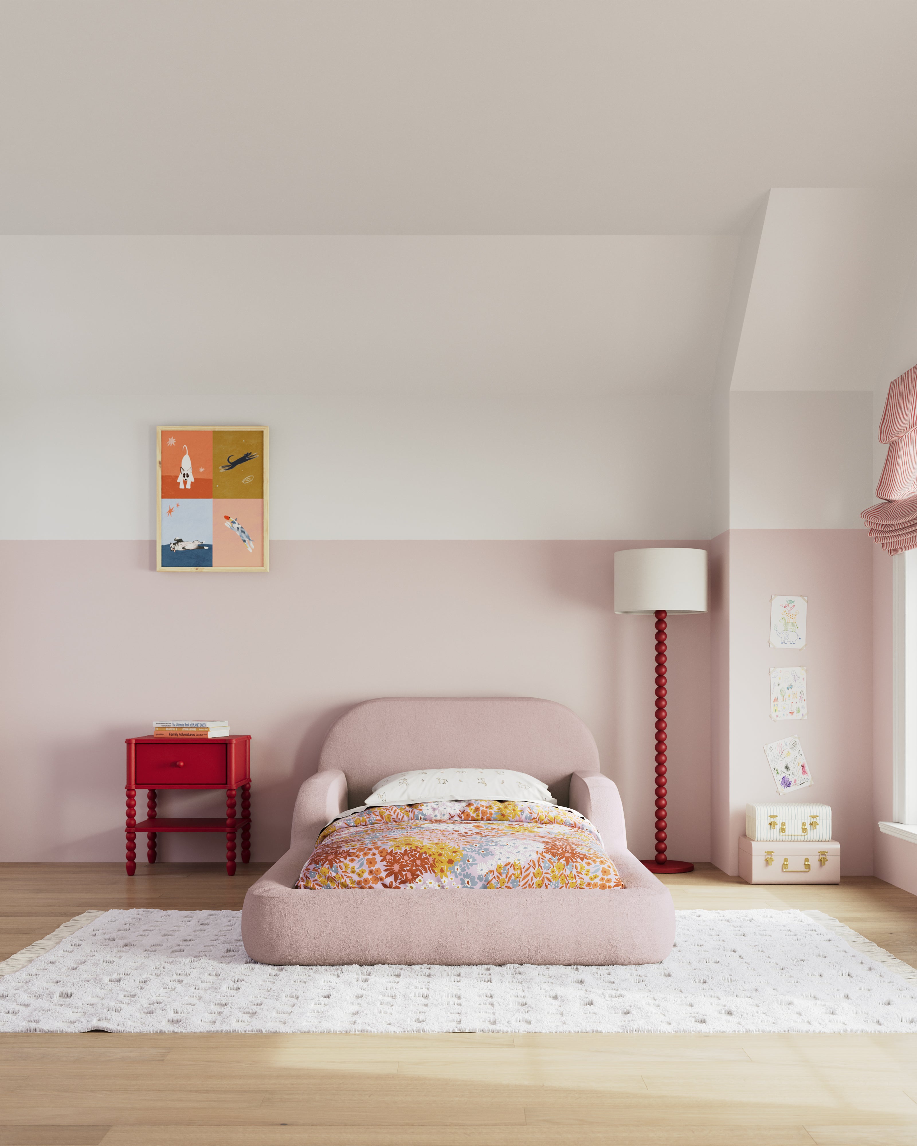 This low‑profile Montessori‑style kids foam bed has soft rounded bump‑safe edges and a removable washable cover for quick, tool‑free setup.