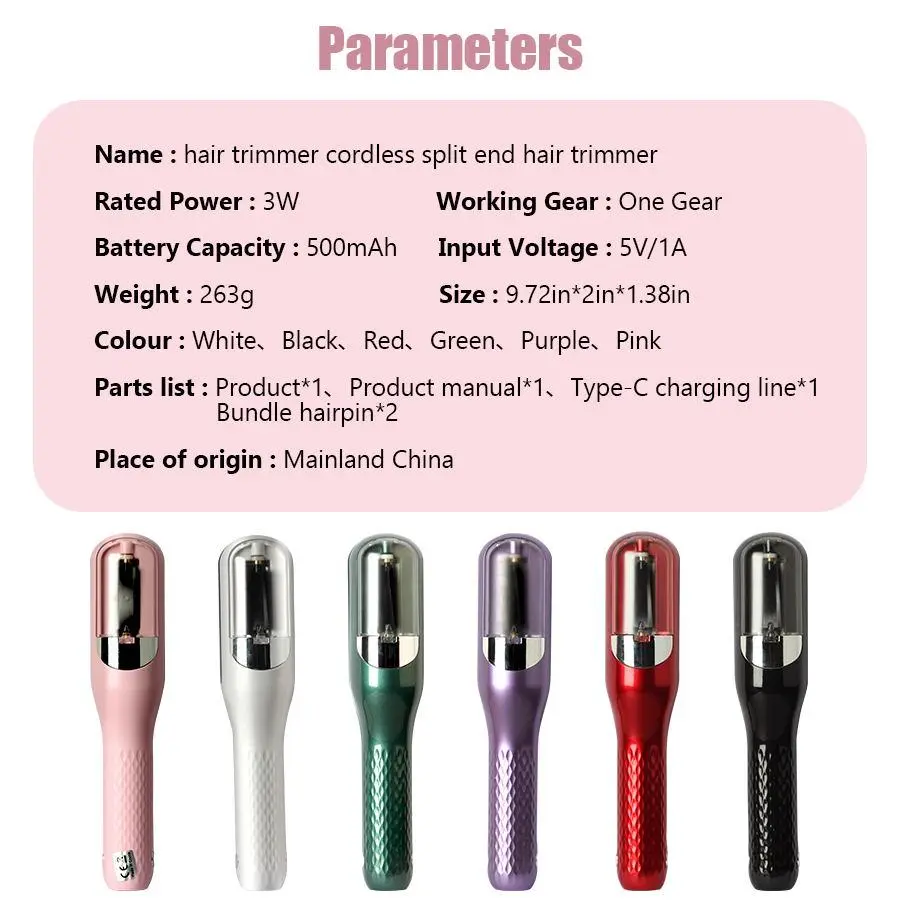 Lightweight USB‑rechargeable hair trimmer with automatic cutting for split‑end trimming, compact for home and travel and available in multiple colours as a handy gift.
