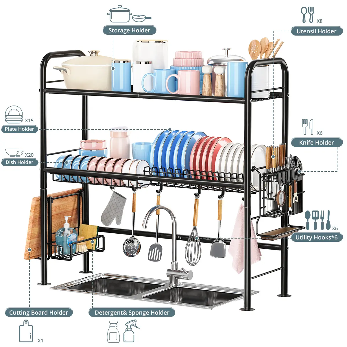 Over Sink Dish Drying Rack Kitchen Organizer 2-Tier Space Saver