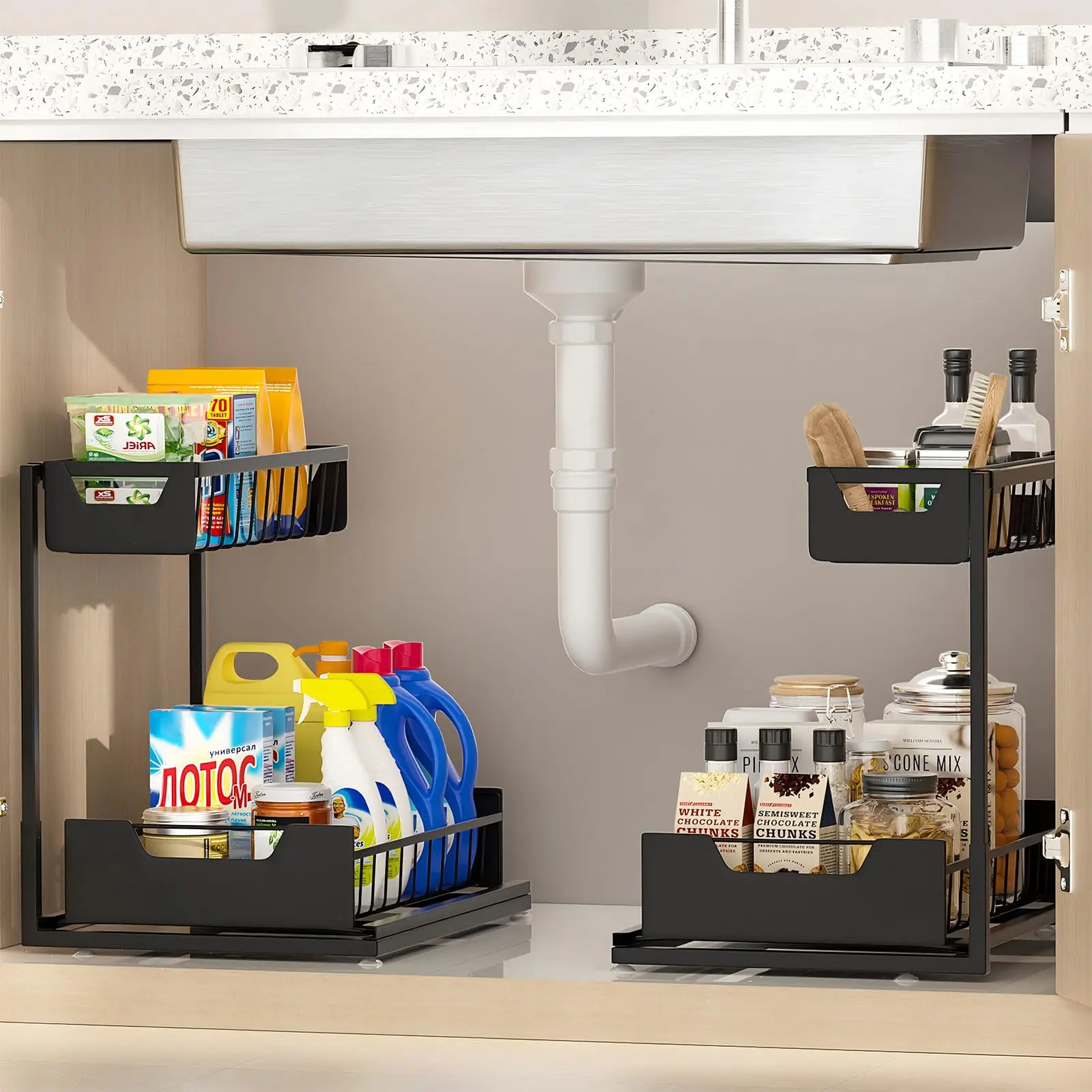 Undersink Storage Rack with 2 Layers Metal Pull-Out Kitchen Cabinet Organizer