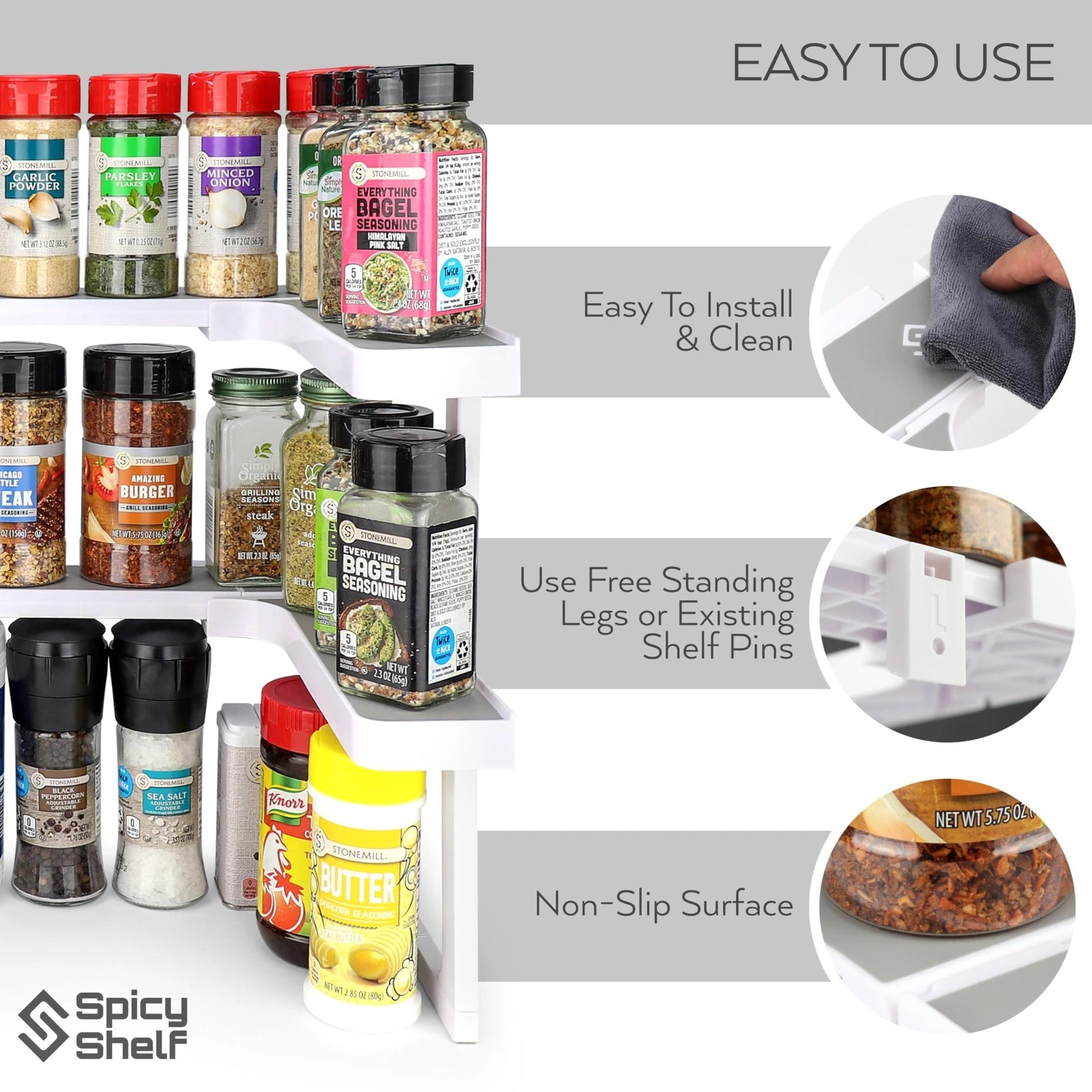 Reinforced adjustable cabinet organiser with non‑slip surface, holds 40 lbs, stores up to 64 spice jars. Versatile for spices, supplements and craft gear to tidy kitchen cupboards.