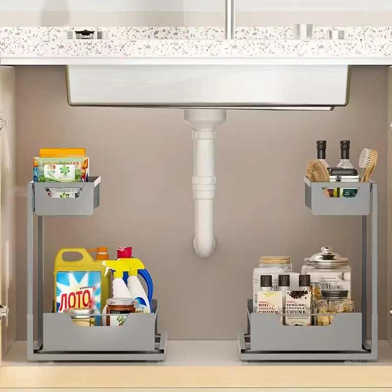 Undersink Storage Rack with 2 Layers Metal Pull-Out Kitchen Cabinet Organizer