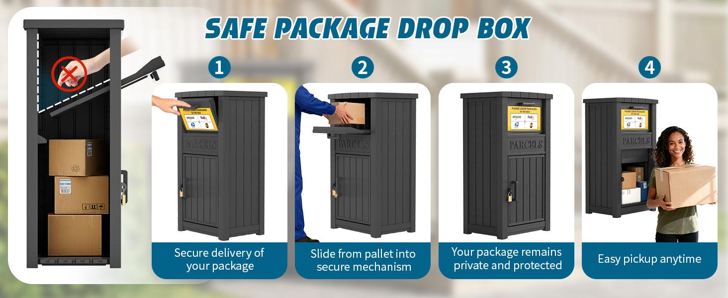Lockable Large Outdoor Delivery Box, Anti‑Theft Rain‑Resistant Parcel Storage Cabinet, Secure Package Drop Box for Porch Curbside Home Use, Black