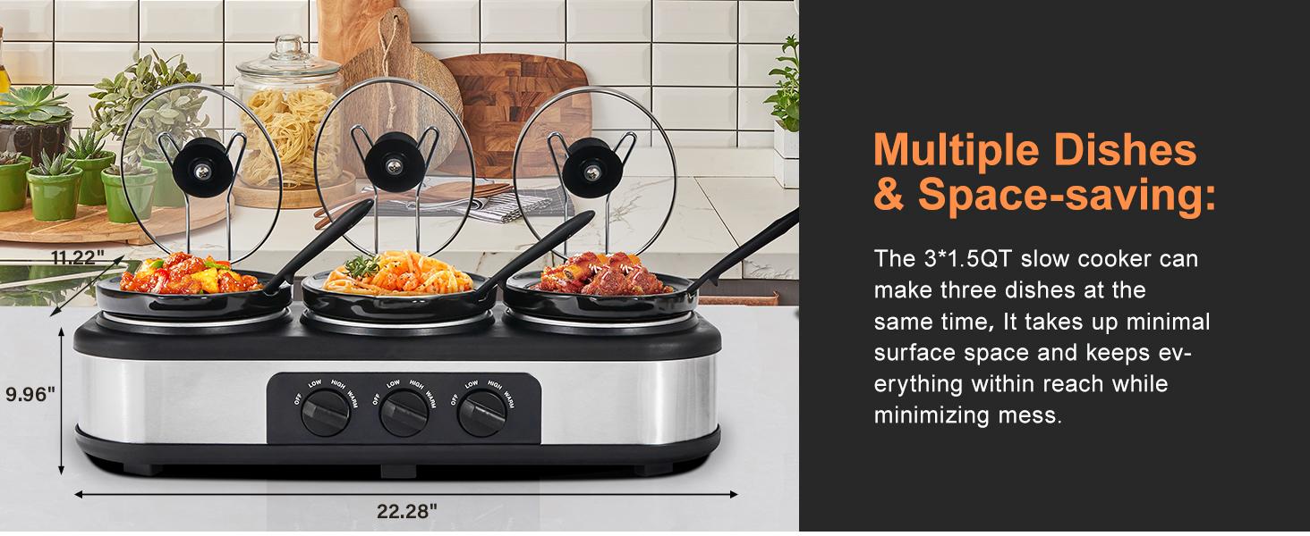 Sunvivi Triple Slow Heating Cooker Buffet Server & Warmer - 3x1.5QT Removable Ceramic Round Pots (Total 4.5QT), 3 Metal Round Stainless Steel Lid Rests, 3 Adjustable Temp Settings, Overheat Safe, New Home Kitchen Essential Electric Hot Pot, Total 4.5 Qt